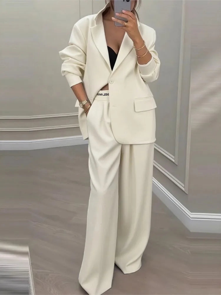 Women's Solid Lapel Blazer Wide Leg Pants Set
