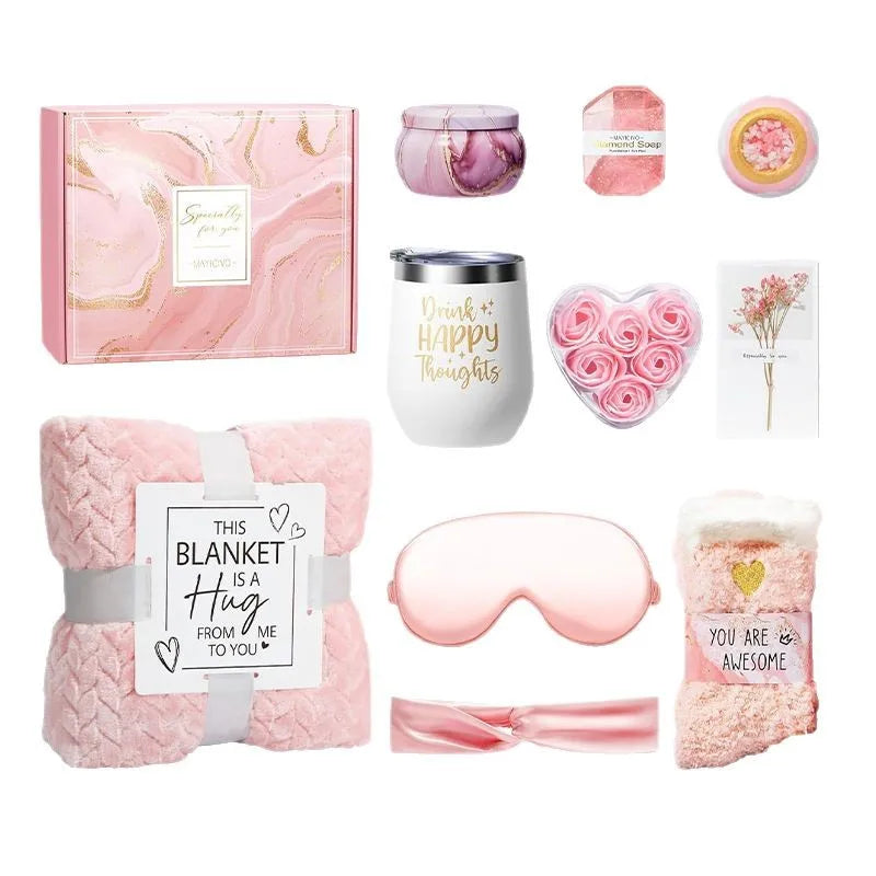Happy Birthday Gift Basket for Women with Blanket Tumbler and Spa Set