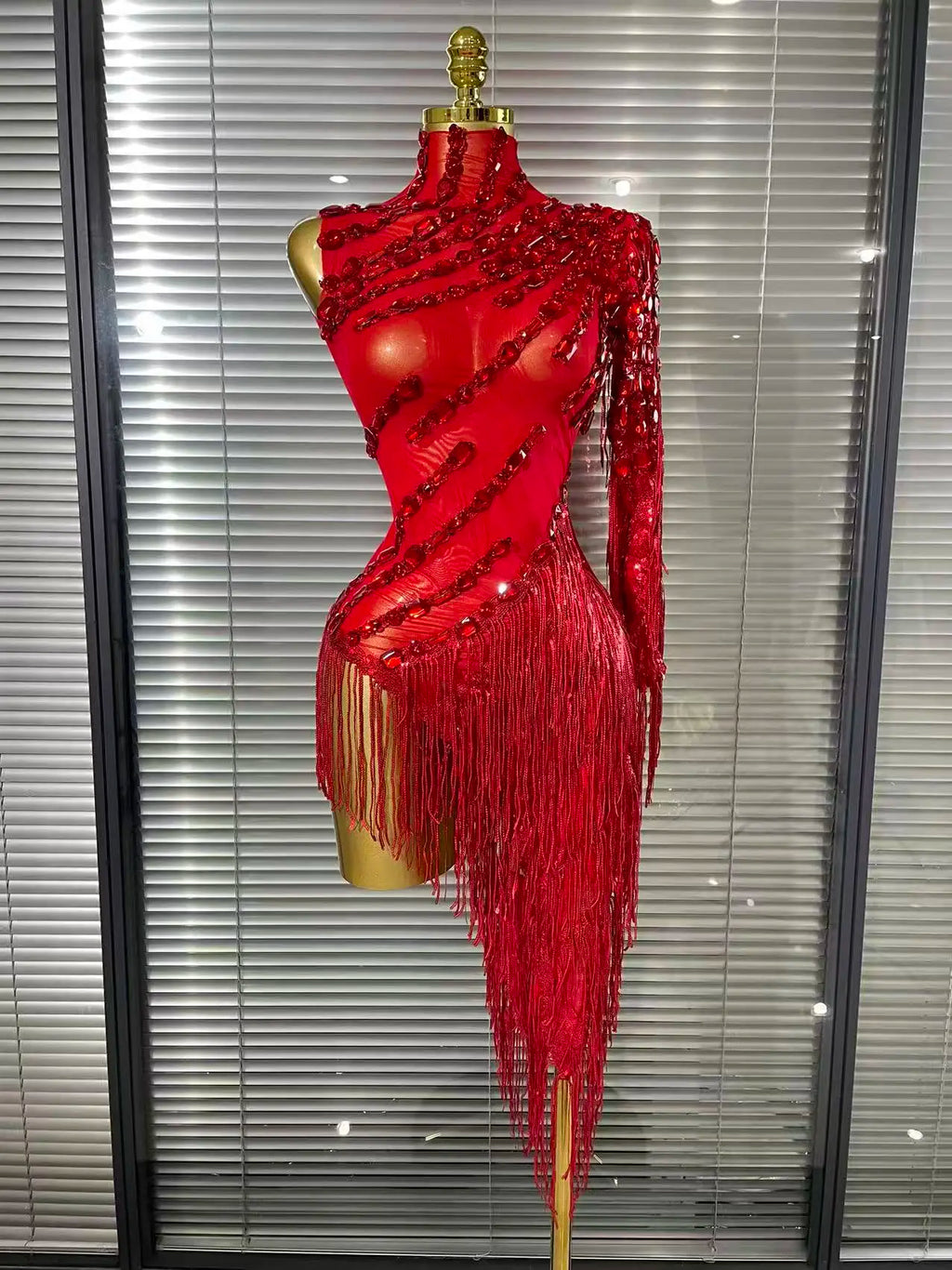 Women's Crystal Sequins Tassel One Shoulder Bodycon Midi Dress