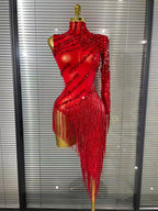 Women's Crystal Sequins Tassel One Shoulder Bodycon Midi Dress