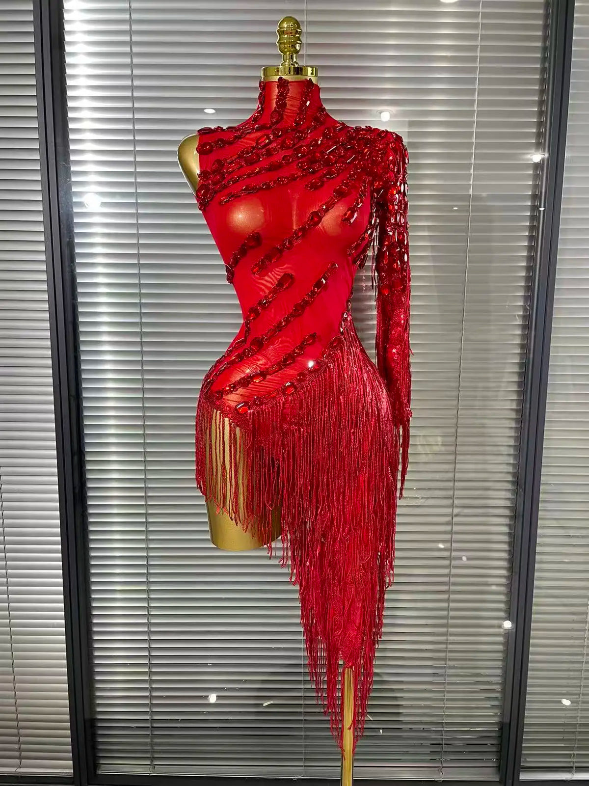 Women's Crystal Sequins Tassel One Shoulder Bodycon Midi Dress