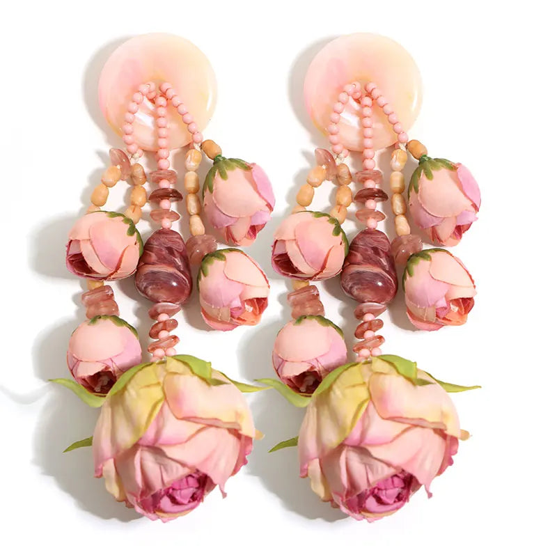 Women's Trendy Bohemian Simulation Rosebud Beaded Dangle Earrings