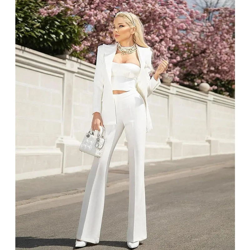 Women's Single Button Blazer and Flared Pants Suit Set