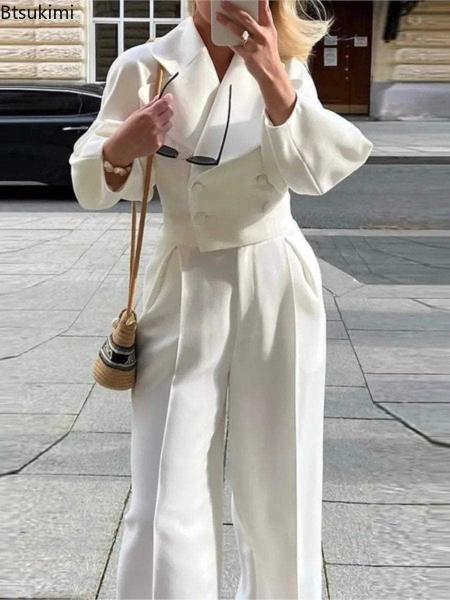Women's Solid Lapel Woolen Top Wide Leg Pants Set