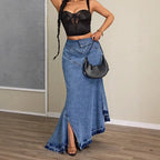 Women's Slim Fit High Waist Fishtail Denim Skirt Blue