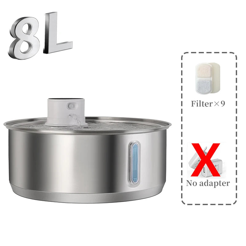 8L Automatic Stainless Steel Dog Water Fountain 5000mAh Wireless Pet Drinker Battery & Sensor 2-in-1 Dispenser