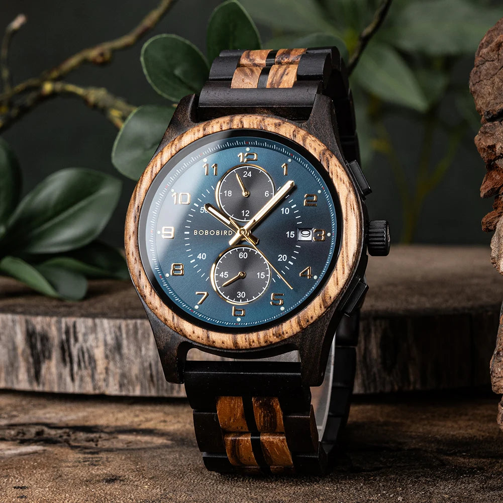 Men's Wooden Chronograph Watch with Luminous Hands and Gift Box