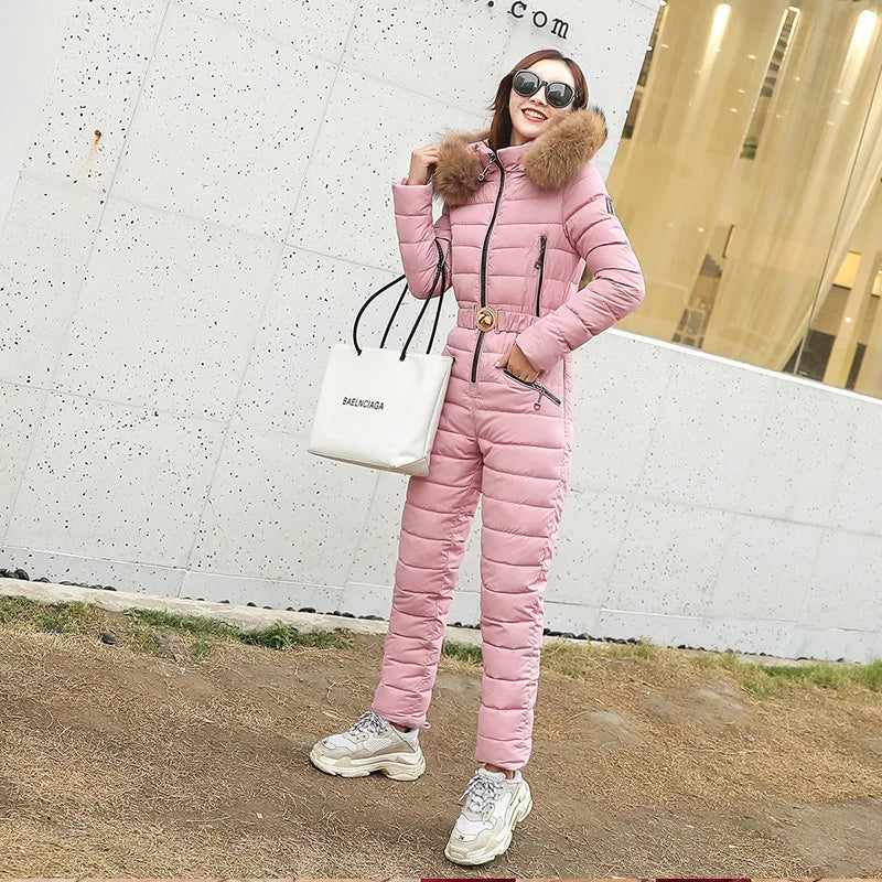 Women's Thick Warm Hooded Ski Suit Winter Parka Jumpsuit