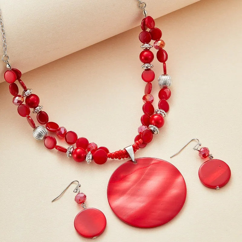 Women's Fashion Bohemian Ethnic Round Pendant Necklace and Earrings Set
