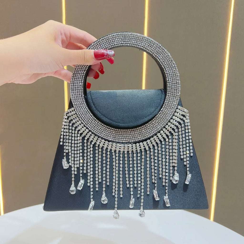 Women's Rhinestone Ring Tassel Trapezoid Evening Clutch Bag