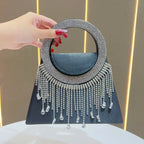 Women's Rhinestone Ring Tassel Trapezoid Evening Clutch Bag