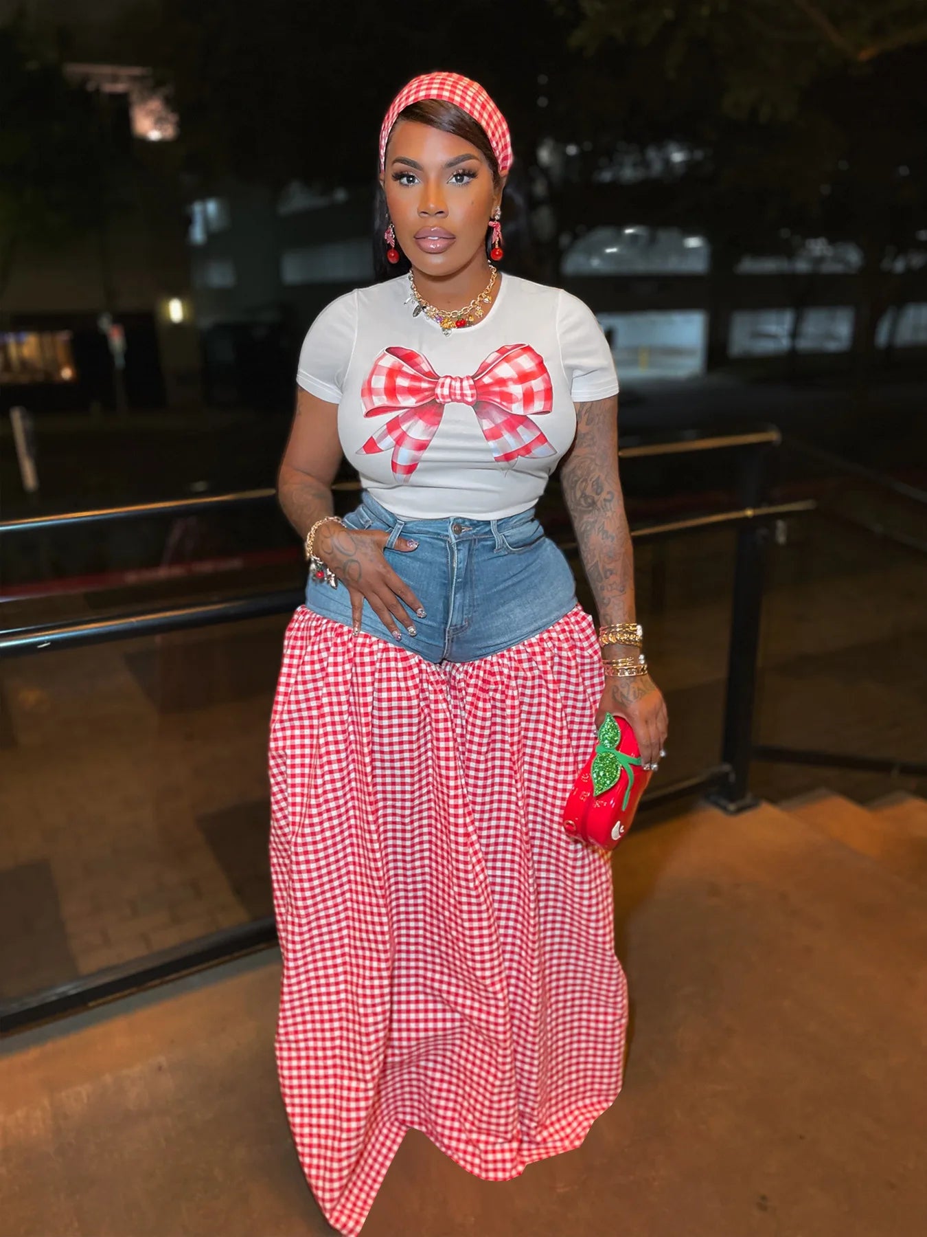 Women's Patchwork Wide Leg Jeans Two-Piece Plaid Tracksuit Set