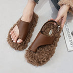 Women's Fluffy Clip Toe Back Strap Slippers with Buckle