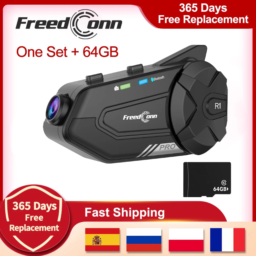 Motorcycle Helmet Bluetooth Intercom and 1080P Dash Cam Headset
