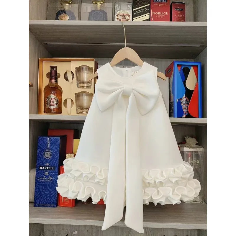 Girls' Bowknot Ruffled Hem Sleeveless Princess Dress A4028-3