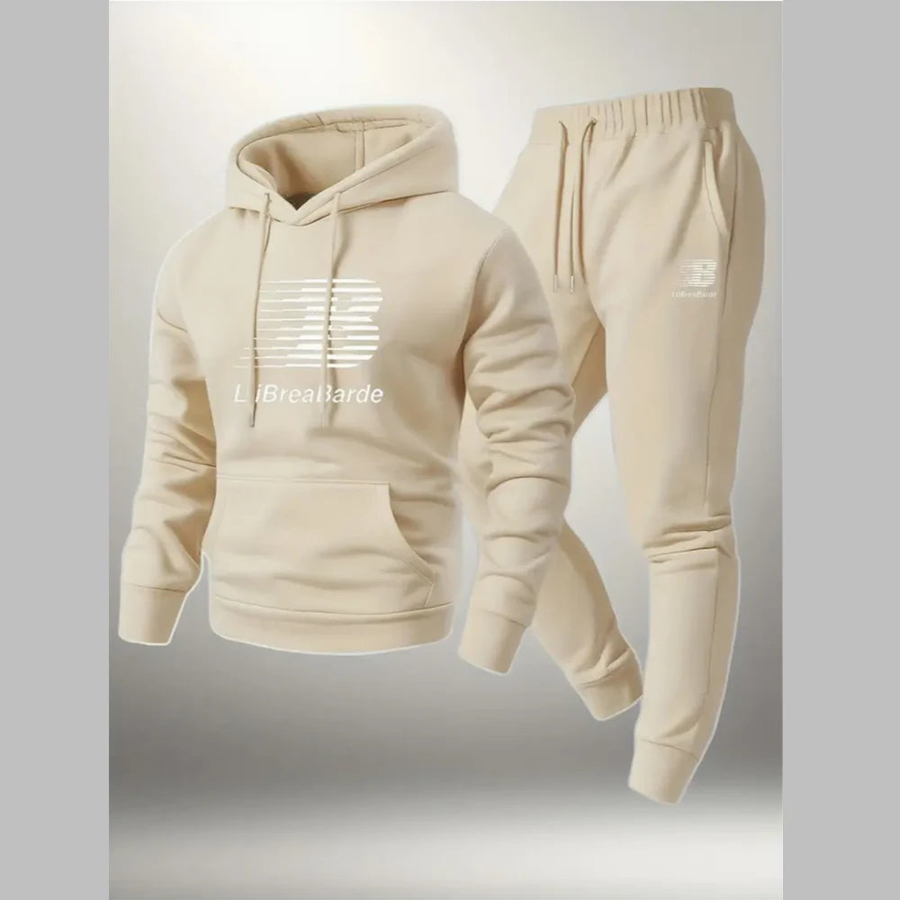 Men's Casual Print Hoodie and Lace-Up Running Pants Set