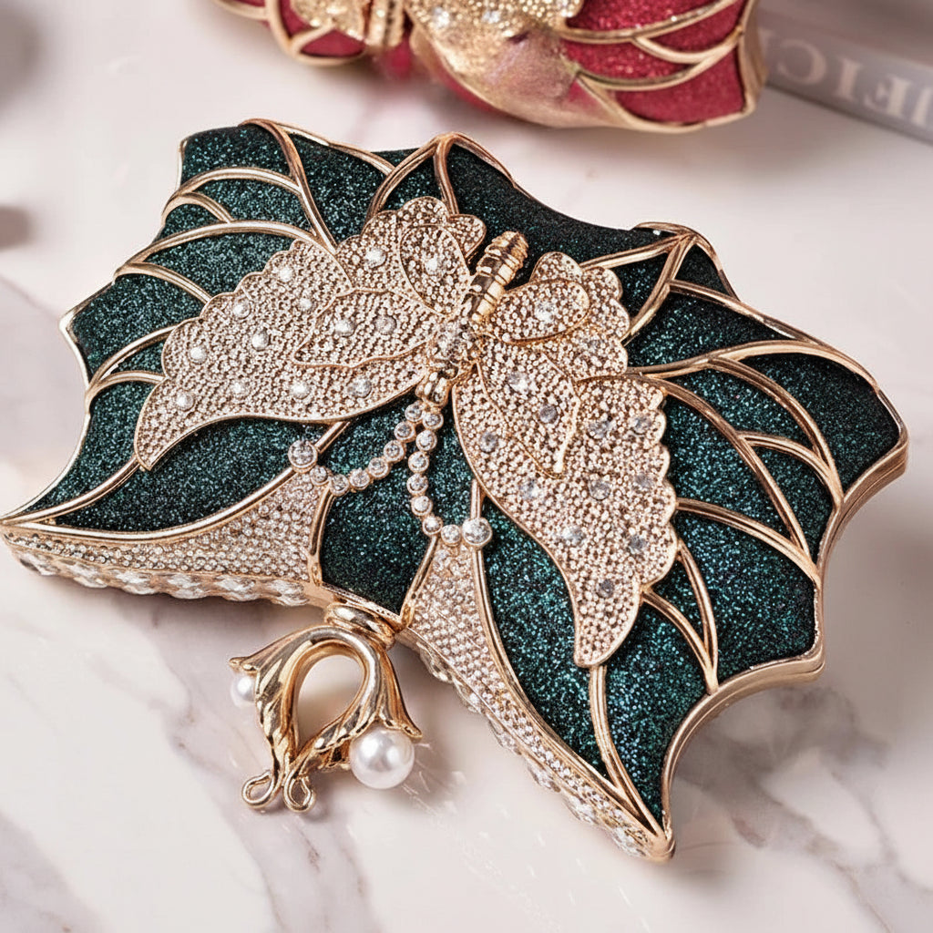 Hollow Butterfly Evening Clutch Bag with Sequins and Diamonds