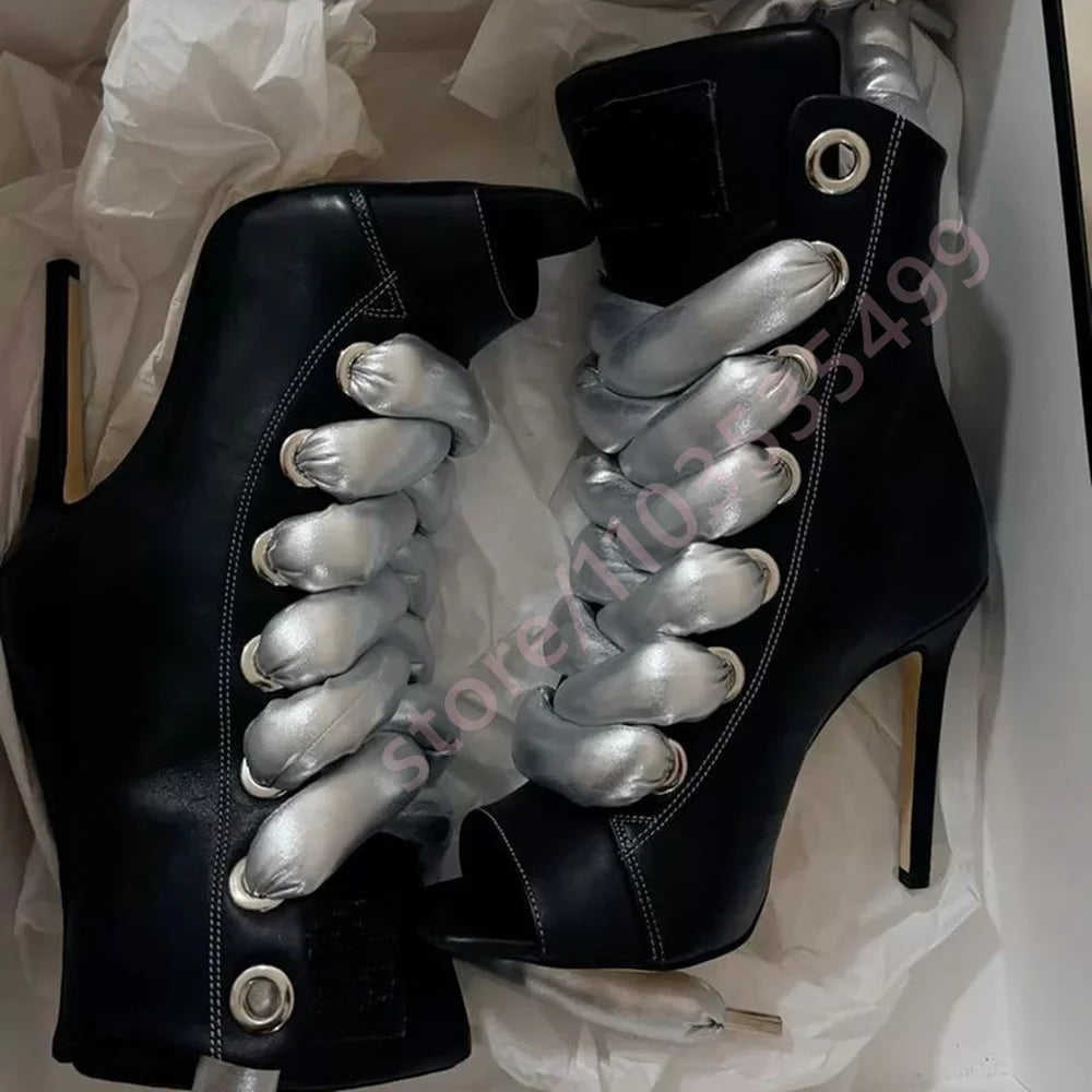 Women's Patchwork Slouchy Heeled Ankle Boots Open Toe Stiletto Lacing