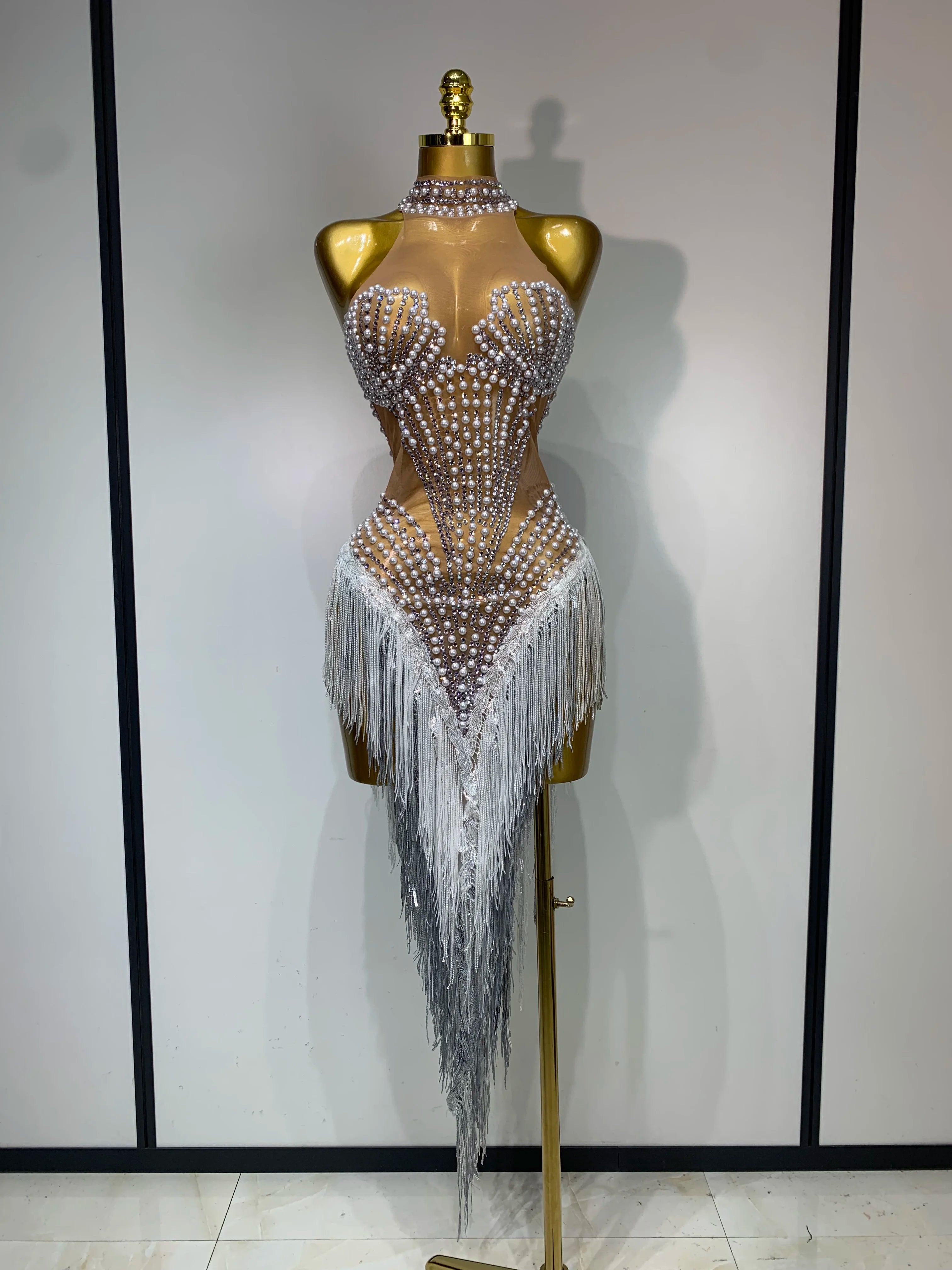 Women's Sexy Rhinestone Tassel Mesh Sleeveless Party Mini Dress