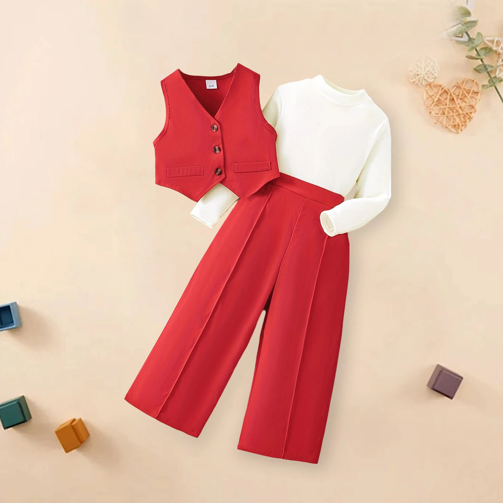 Girls' Solid Long Sleeve Tops Waistcoat Wide Leg Pants Three-Piece Set