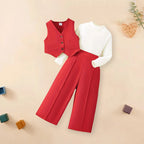 Girls' Solid Long Sleeve Tops Waistcoat Wide Leg Pants Three-Piece Set
