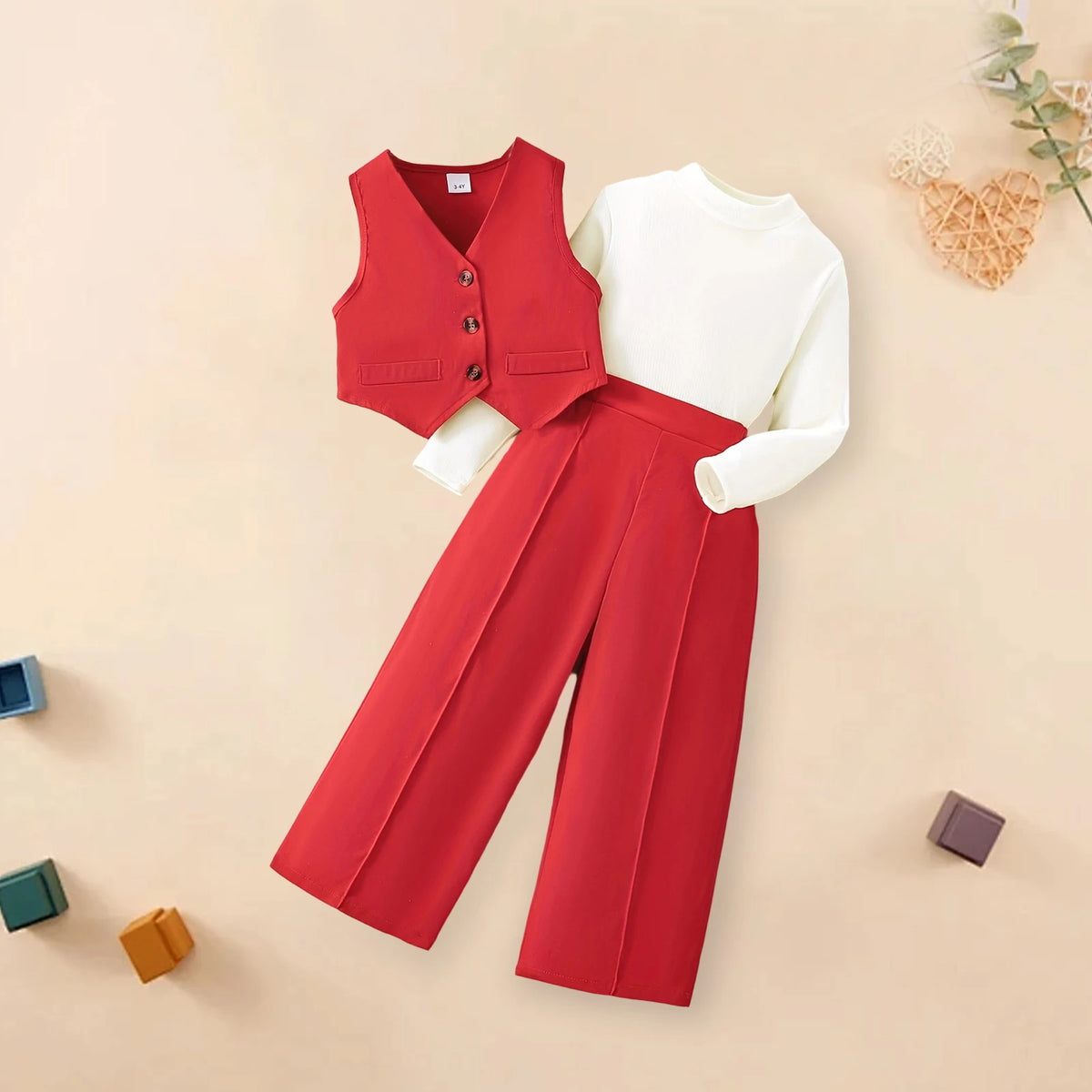 Girls' Solid Long Sleeve Tops Waistcoat Wide Leg Pants Three-Piece Set