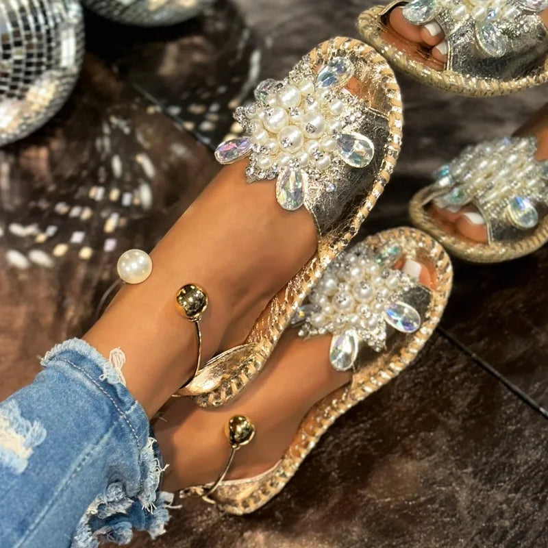 Women's Pearl Crystal Flower Flat Sandals Casual Open Toe