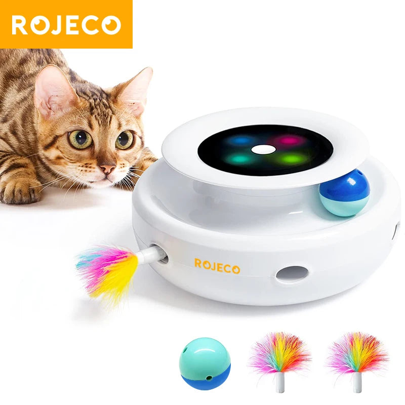 2-in-1 Automatic Cat Toy with Feather Wand and Fun Ball, 5 Modes