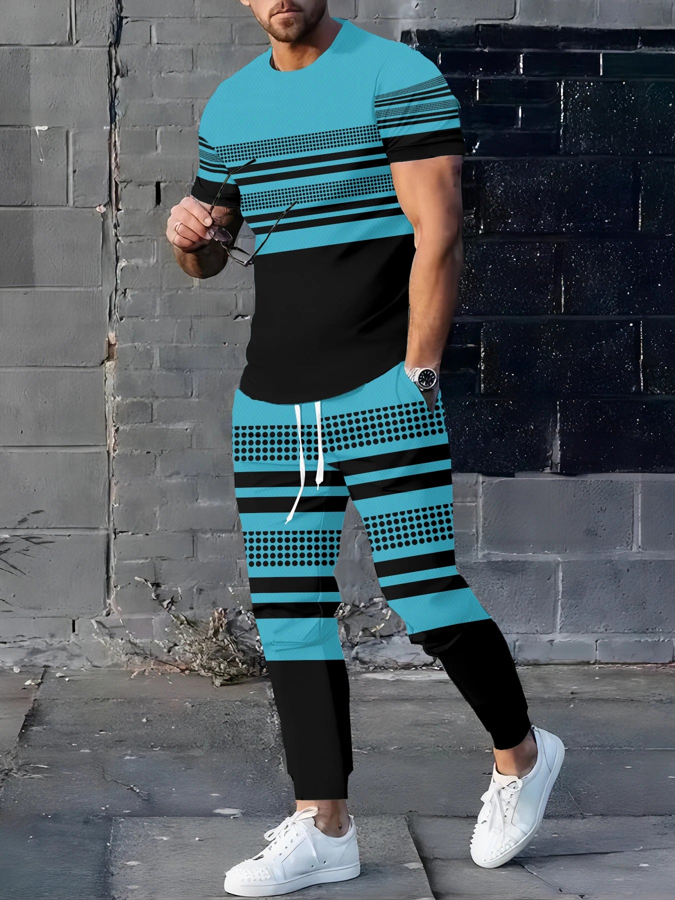 Men's Casual Striped Print Long Sleeve T-Shirt and Drawstring Pants Set