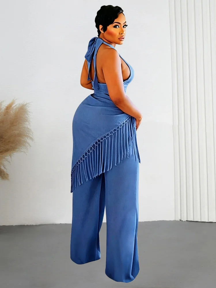 Women's Neck Wrap Fringe Top Straight Leg Pants Set