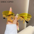 Rhinestone Rimless Sunglasses Women's Tear Drop Party Eyewear