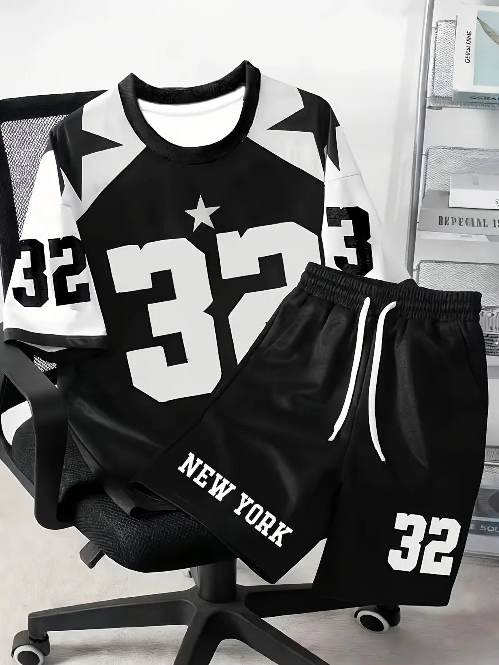 Men's Letter Print Round Neck T-Shirt and Drawstring Shorts Set