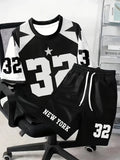 Men's Letter Print Round Neck T-Shirt and Drawstring Shorts Set