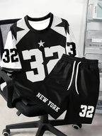 Men's Letter Print Round Neck T-Shirt and Drawstring Shorts Set