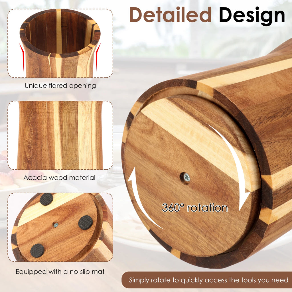 Rotating Wooden Utensil Holder and Kitchen Countertop Organizer