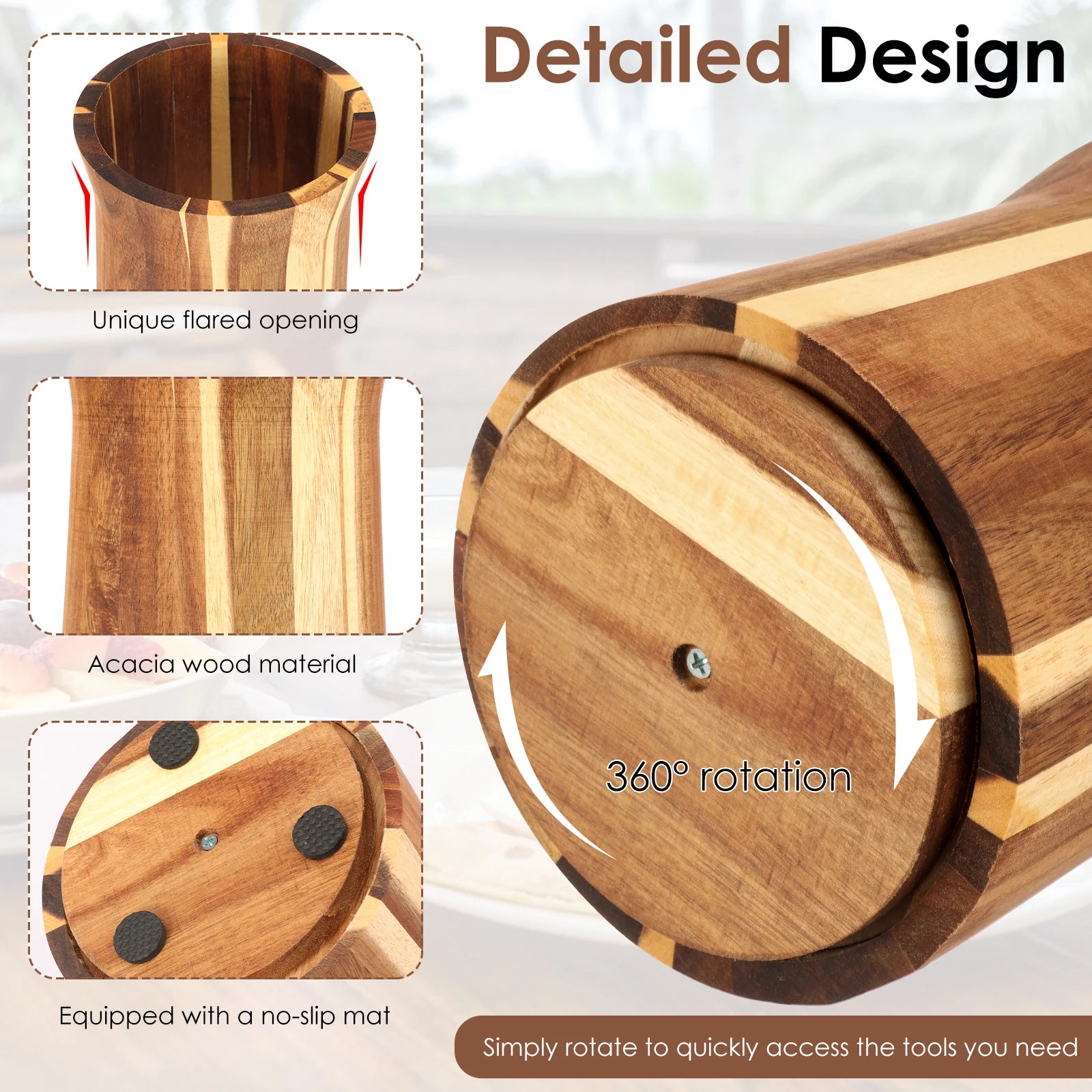 Rotating Wooden Utensil Holder and Kitchen Countertop Organizer