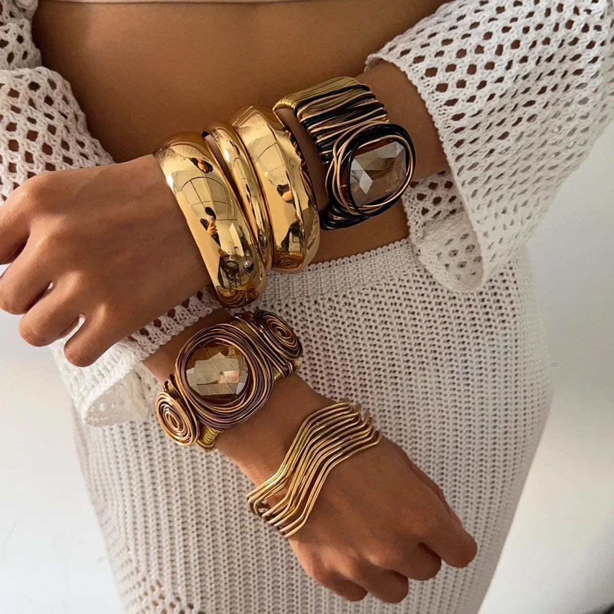 Women's Fashion Retro Multi-layer Gold Glass Cuff Bangle Bracelet