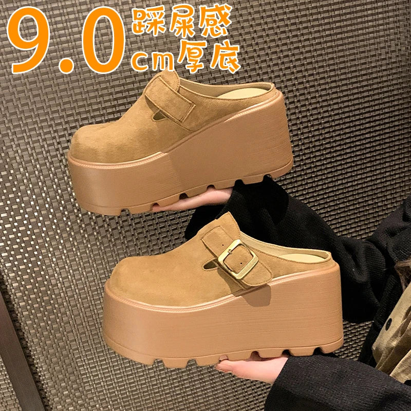 2025 New 9cm Women's Platform Heel Mules Casual Buckle Shoes Closed Toe Backless Slip On Walking Increase Height Wedge Slippers