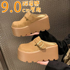 2025 New 9cm Women's Platform Heel Mules Casual Buckle Shoes Closed Toe Backless Slip On Walking Increase Height Wedge Slippers