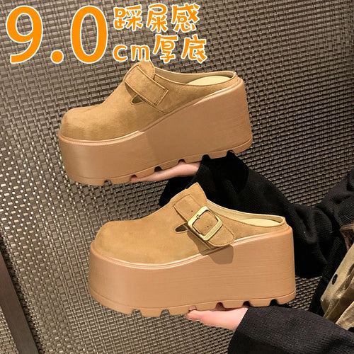2025 New 9cm Women's Platform Heel Mules Casual Buckle Shoes Closed Toe Backless Slip On Walking Increase Height Wedge Slippers