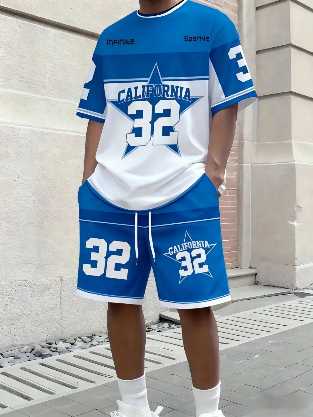 Men's Letter Stripe Print Round Neck T-Shirt and Drawstring Shorts Set