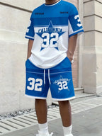 Men's Letter Stripe Print Round Neck T-Shirt and Drawstring Shorts Set