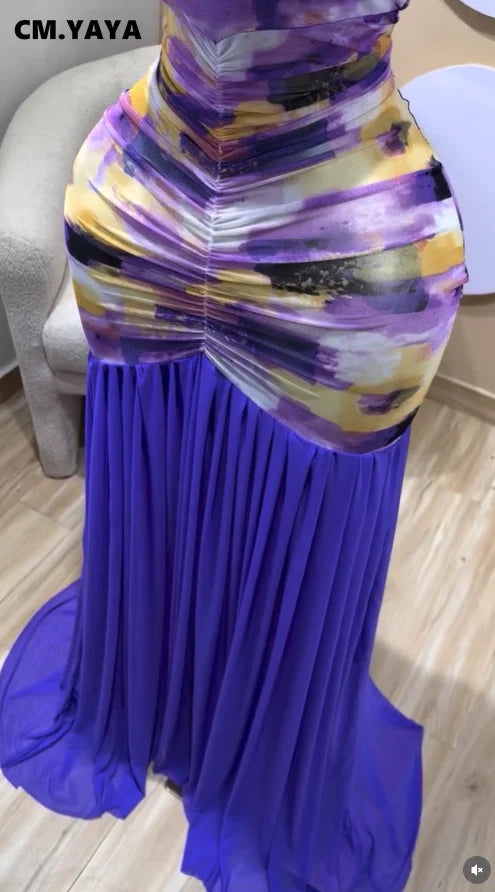 Women's Printed Ruched Sleeveless Maxi Dress