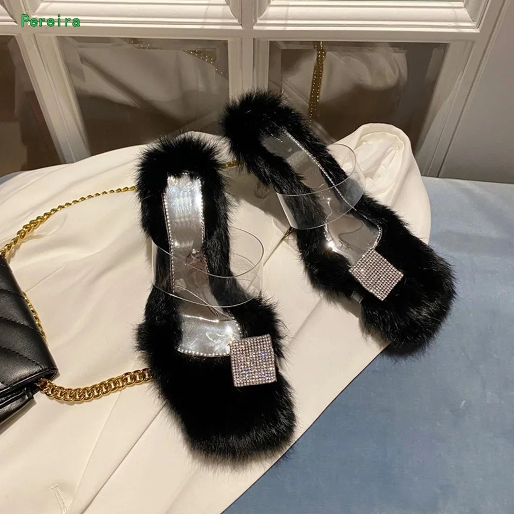 Women's Fluffy Rhinestone Chunky Heel Slippers