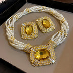 French Style Geometric Pearl Jewelry Earrings and Necklace Vintage Rhinestone