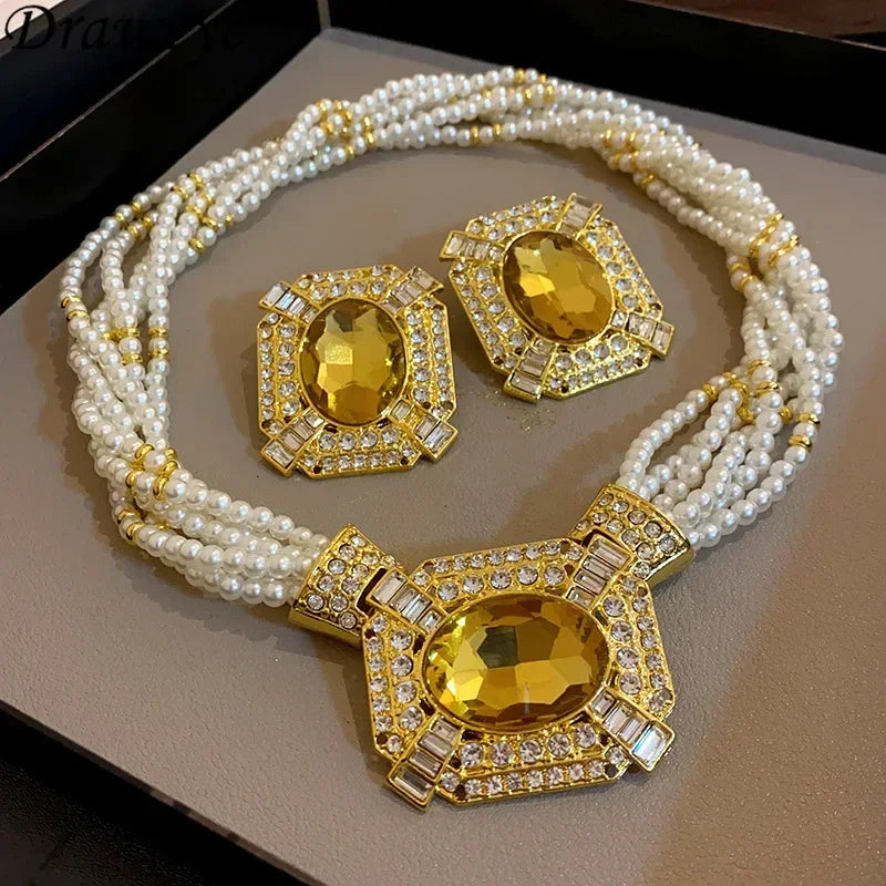 French Style Geometric Pearl Jewelry Earrings and Necklace Vintage Rhinestone