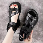 Women's Retro Leather Wedge Sandals Platform Mid Heel Shoes