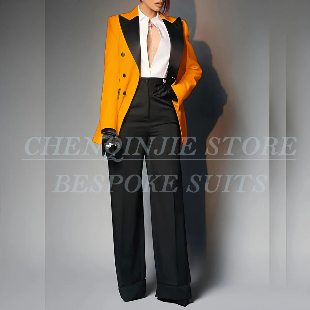 Women's Double Breasted Peak Lapel Slim Fit Pants Suit