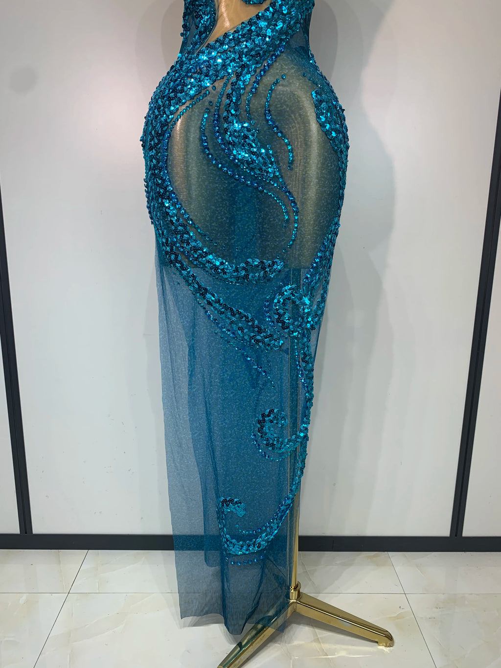 Women's Sexy Rhinestone Mesh Transparent Maxi Dress