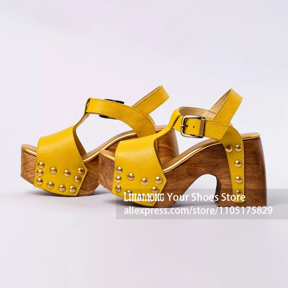 Women's Studded Wooden Block Heel Platform Sandals